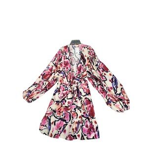 H&M Balloon Sleeved Wickelkleid Creme Rosa Mini Dress Women Sz M Floral Workwear